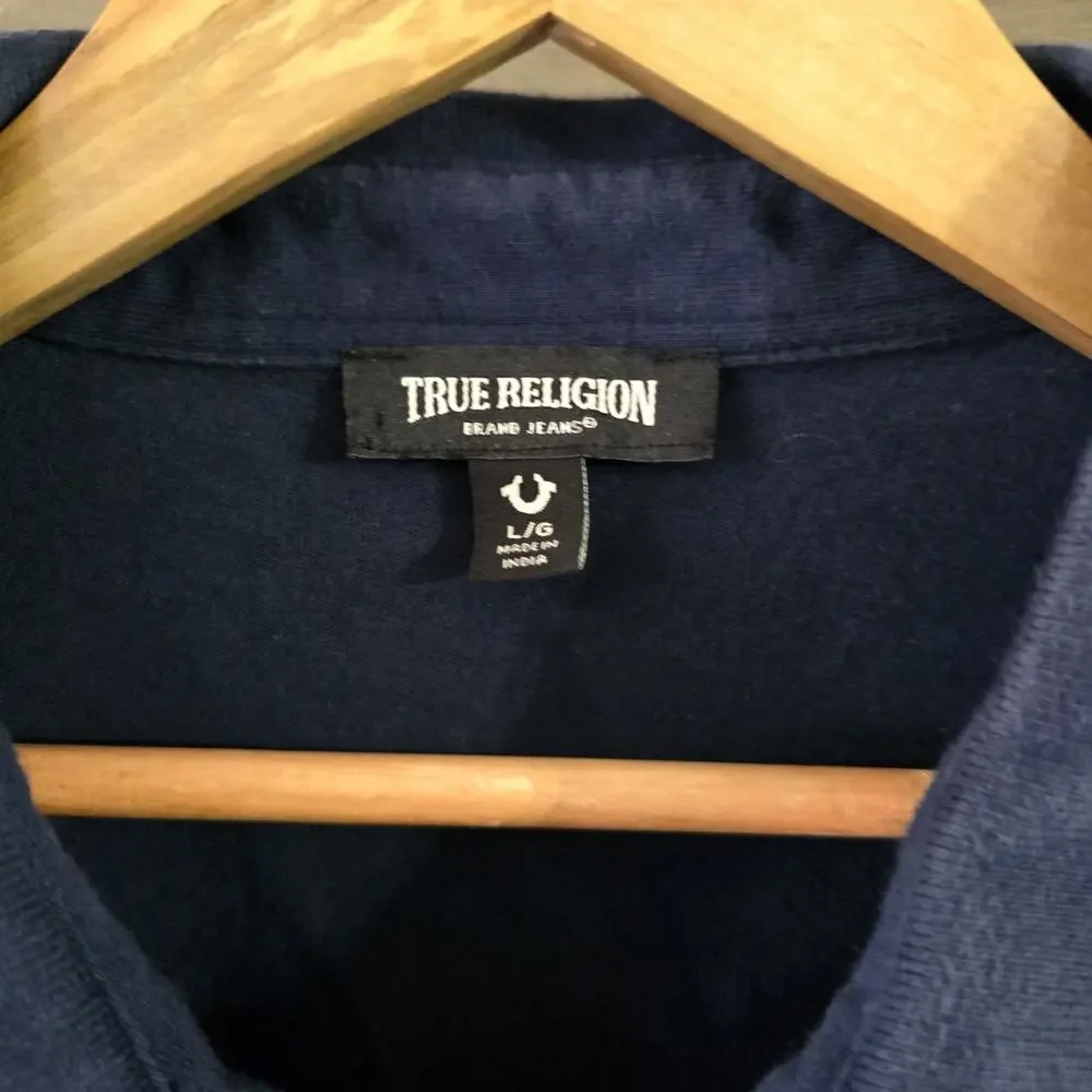 True Religion Polo Shirt Men’s L Black Short Sleeve Horseshoe Logo Casual